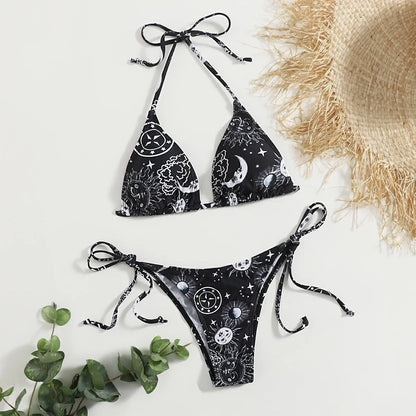 2pcs sexy gothic print triangle high waist thong Swimwear Set