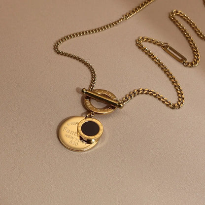 FOREVER LOVE Roman Numeral Round Stainless Steel 18K Gold Pated Women's Pendant Necklace