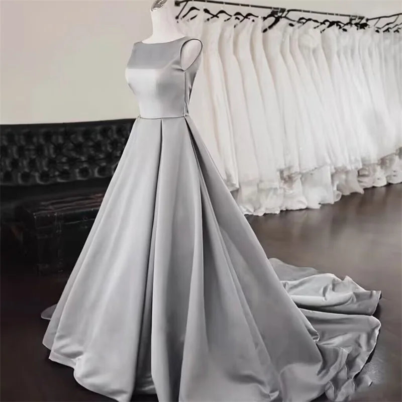 Women's Scoop Neck Sweep Train Prom Backless A-line Satin Long Formal Evening Party Dress w/ Pockets