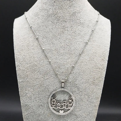 Family Boy Gril Stainless Steel Silver Color Crystal Necklace