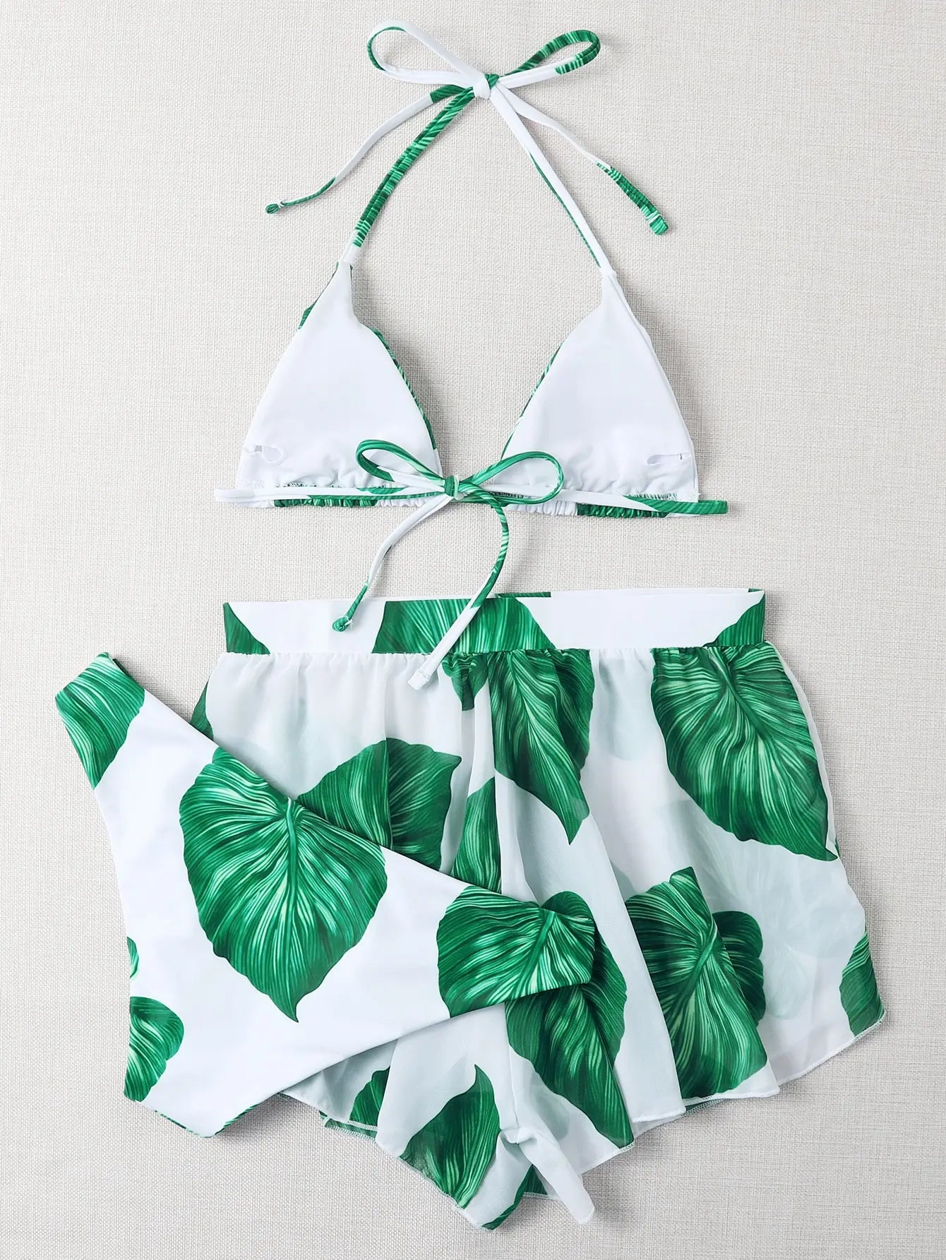 Women Leaf Print Triangle High Waist Swimwear Padded Bathing Swimming Bikini + Shorts Swimsuit
