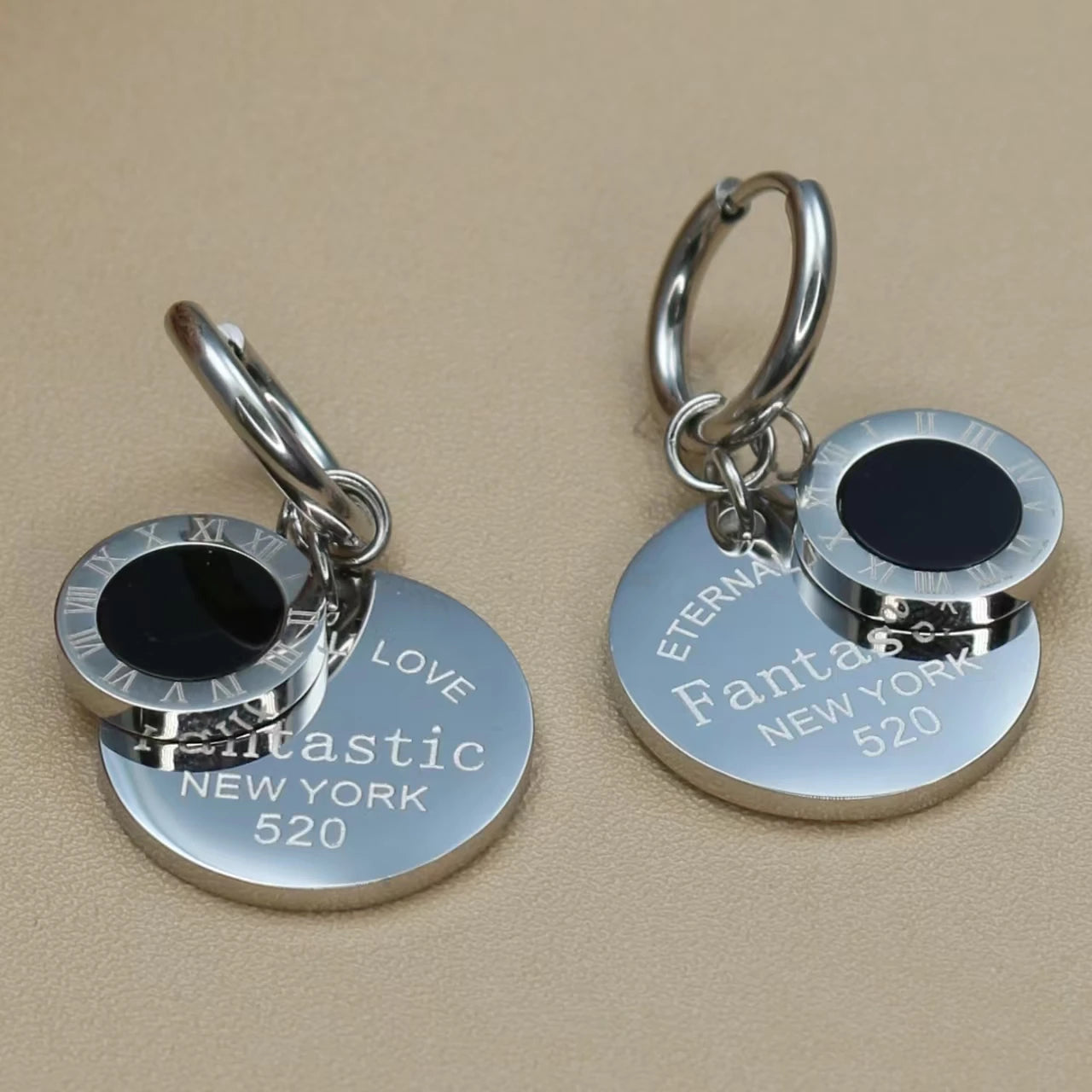 Roman Numeral Medallion Design FOREVER LOVE Stainless Steel Earrings Gift