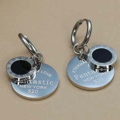 Roman Numeral Medallion Design FOREVER LOVE Stainless Steel Earrings Gift