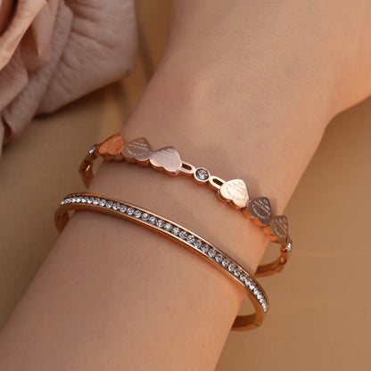 Delicate Stainless Steel Gold Color Peach Heart Crystal Design Charm Bangle Bracelet