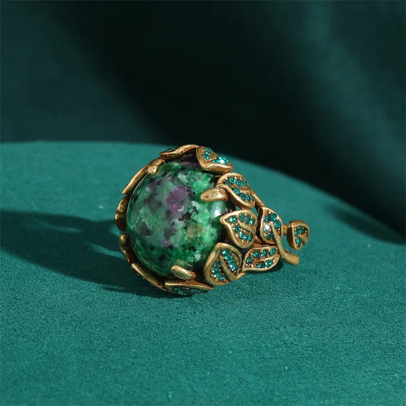 Women Vintage Antique Gold Color Oval Crystal Emerald Round Natural Stone Rings