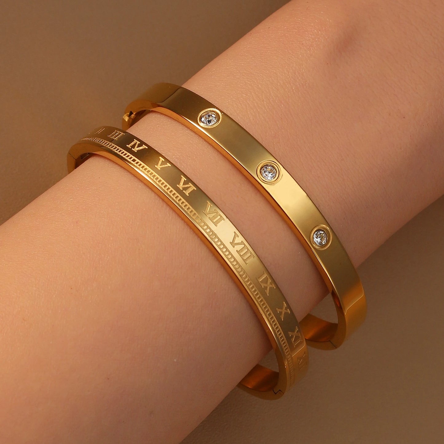 Women Roman Numeral 18k Gold Color Stainless Steel Zircon Bracelet Bangles