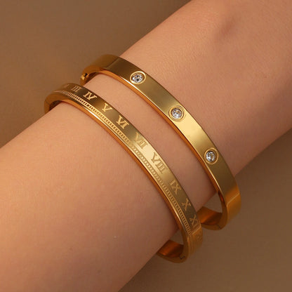 Women Roman Numeral 18k Gold Color Stainless Steel Zircon Bracelet Bangles