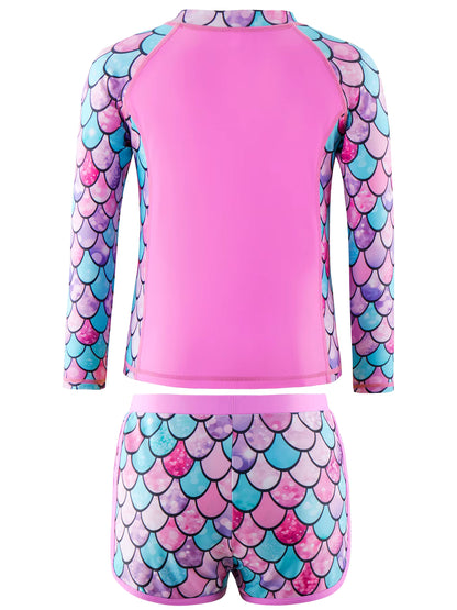 2pcs Kids Girls Long-Sleeved Scale Print Tops Boyleg Swim Shorts Swimwear Suit