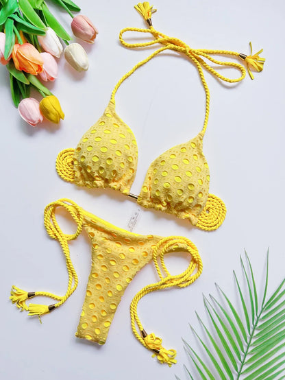 Sexy Hollow out Braiding rope Bikini Swimwear Swimsuit Triangle Solid Bathing Brazilian Suit