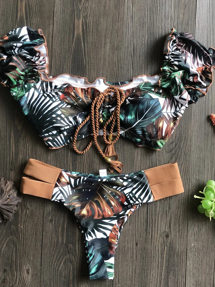 Women Swimsuit Ruffle Push Up Swimwear Brazilian Ribbed Beachwear Bathing Bikini Suit