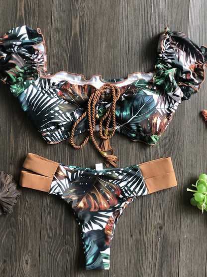 Women Swimsuit Ruffle Push Up Swimwear Brazilian Ribbed Beachwear Bathing Bikini Suit