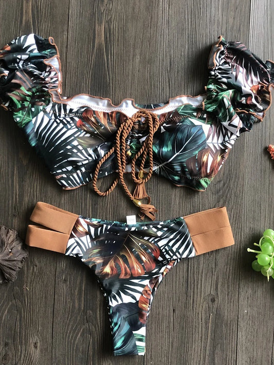 Women Swimsuit Ruffle Push Up Swimwear Brazilian Ribbed Beachwear Bathing Bikini Suit