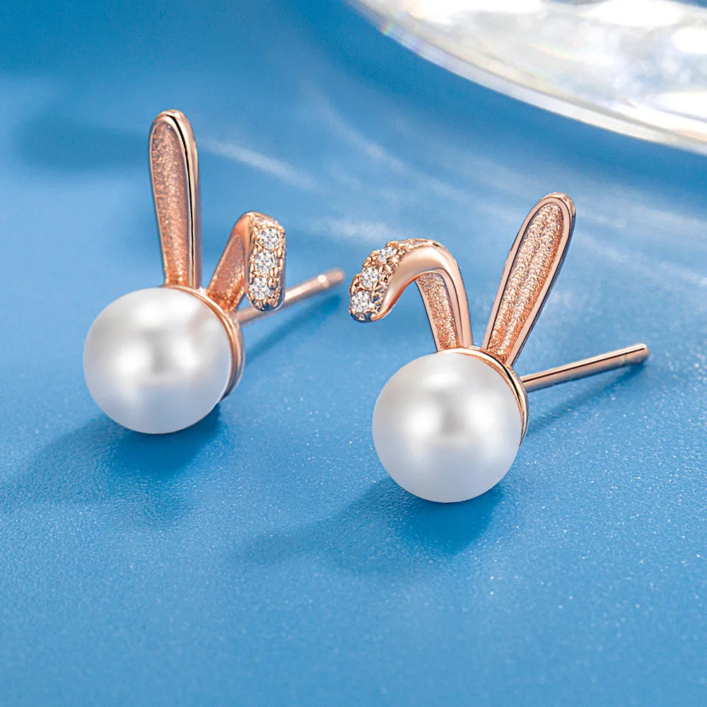 Vintage Women Wedding Bridal Solid 925 Silver Rabbit Crysal Pearl Stud Earrings