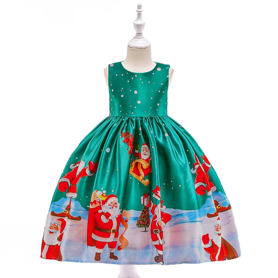 Kids Girls Princess Cartoon Santa Claus Snowflake Costume Xmas Party Print Dress