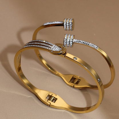 Women 18k Gold Plated Crystal Hollow Open Stainless Steel Bracelet