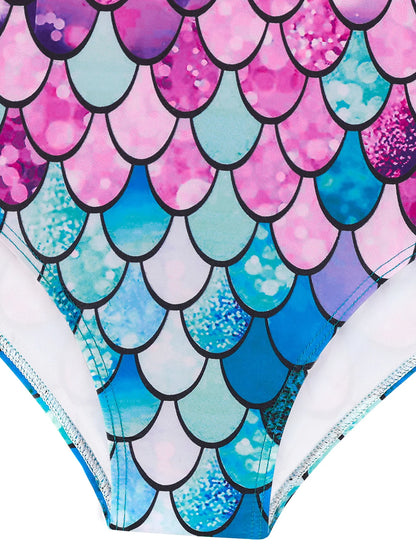 Kids Girls One-Piece Long Sleeve Scale Print Beach Rose Pink Bikini-Cut Bottom Swimwear