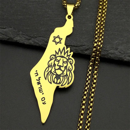 Women Men Stainless Steel Gold Color Magen Jewish Star David Hebrew Israel Map Lion of Judah Pendant Necklace