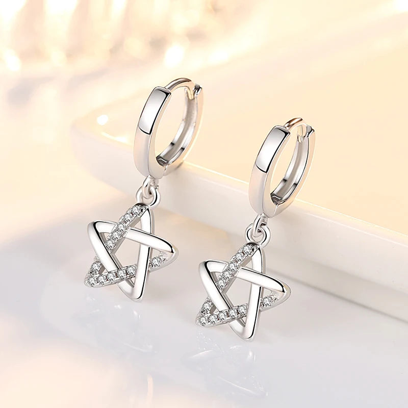 Solid 925 Sterling Silver Women Bridal Wedding Crystal Trendy Zircon Star Drop Earrings