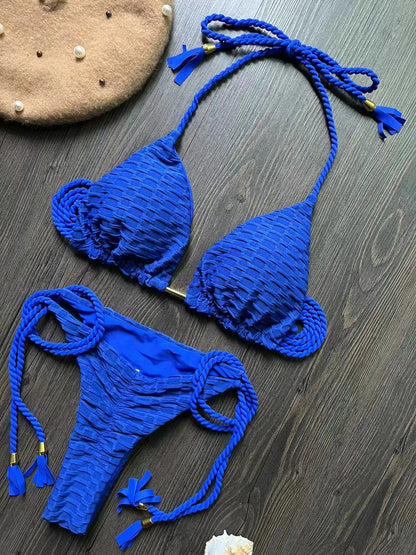 Women Solid color bikini braided rope tied split swimsuit 2-piece swimsuit set