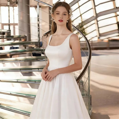 Elegant Backless Satin A-Line Square Neck Sleeveless Bridal Wedding Dress Gowns w/ Pockets