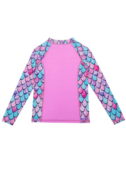 2pcs Kids Girls Long-Sleeved Scale Print Tops Boyleg Swim Shorts Swimwear Suit