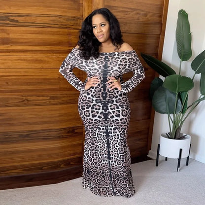 Women Off-shoulder Leopard Print Maxi Strapless Backless Long Sleeve High Waist Dress