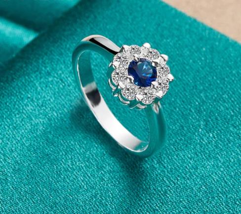 925 Sterling Silver Bule Round Zircon Women Man Fashion Wedding Engagement Party Charm Ring