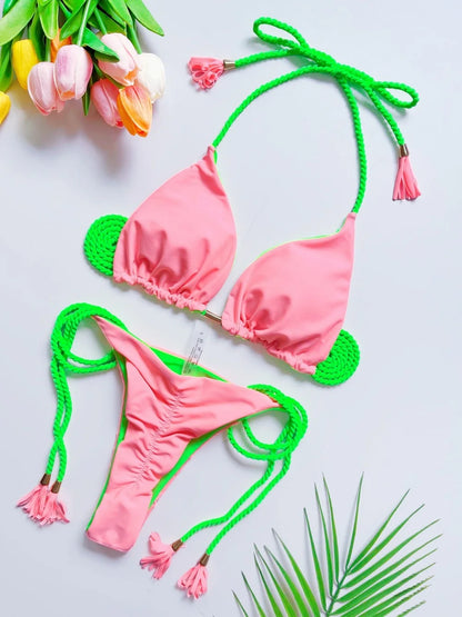 Sexy Solid color Two-piece Triangle Swimwear Braiding Rope Bikini Beach Bathing Brazilian Suit
