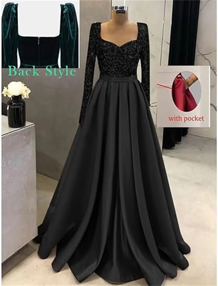 Long Sleeve Sequin Prom Long Satin Women Formal A-Line Evening Party Ball Gown Dress w/ Pockets