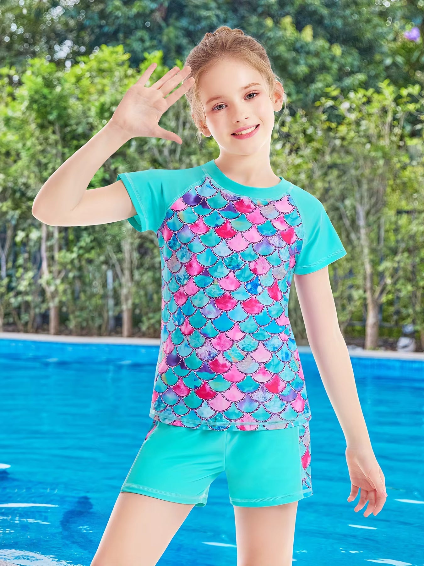 2pcs Kids Girls Short Sleeve Tops Swim Shorts Scale Print Patchwork Beach Bathing Swimwear