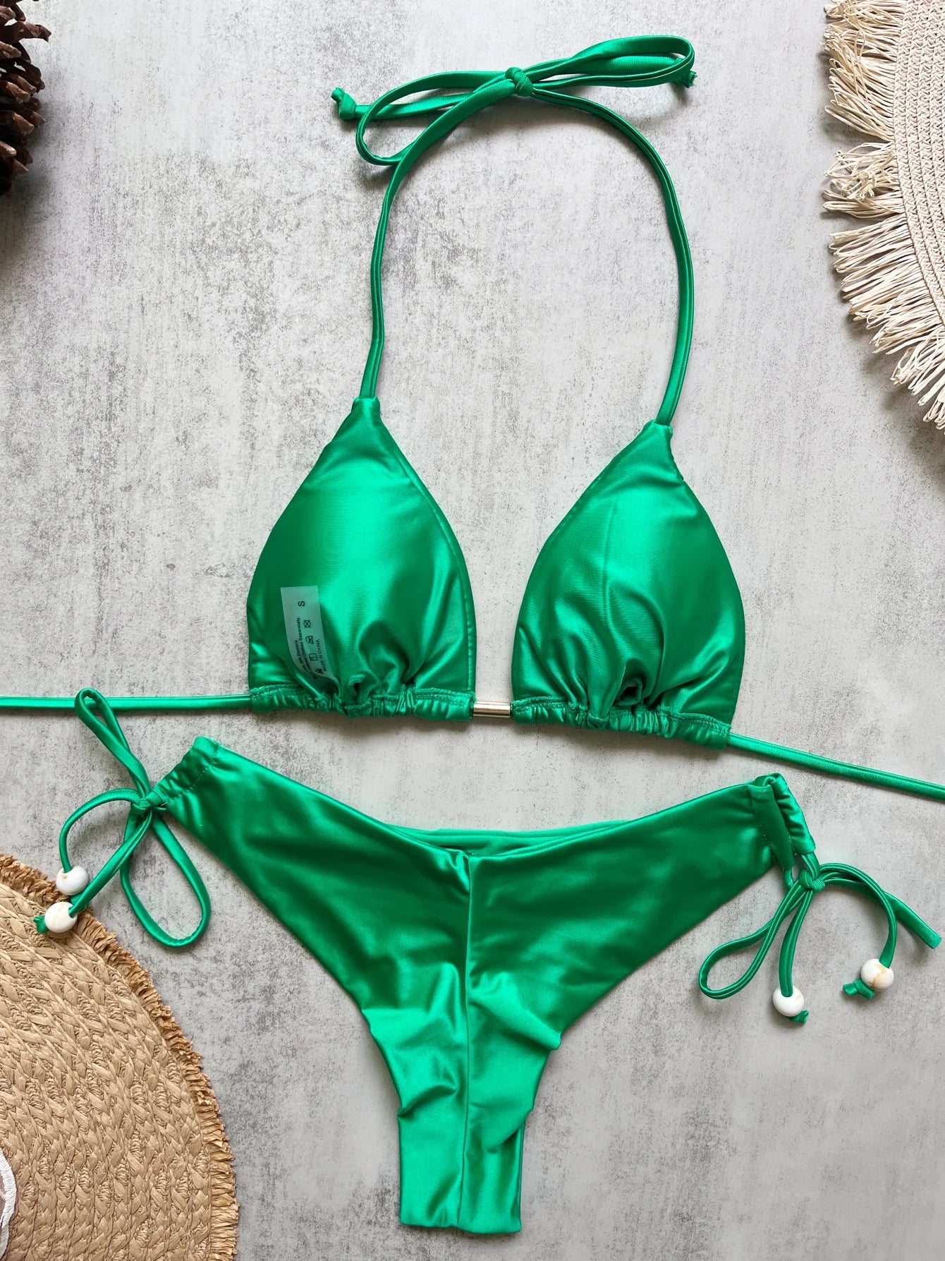 Solid Sexy Halter Triangle Bead String Bikini Mini Micro Thong Swimsuit Brazilian Set
