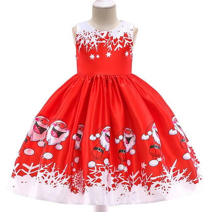 Kids Girls Princess Cartoon Santa Claus Snowflake Costume Xmas Party Print Dress