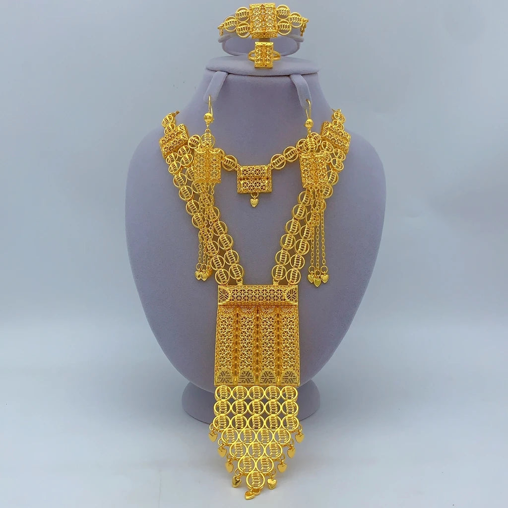 Italian 24K Gold Color Women Ethiopian Dubai Flower Wedding Necklace Bracelet Earring Ring Sets