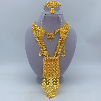 Italian 24K Gold Color Women Ethiopian Dubai Flower Wedding Necklace Bracelet Earring Ring Sets