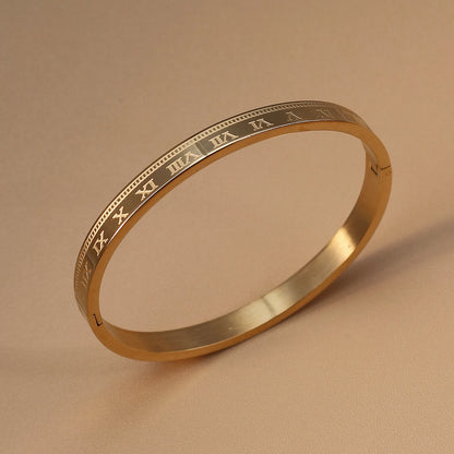 Women Roman Numeral 18k Gold Color Stainless Steel Zircon Bracelet Bangles
