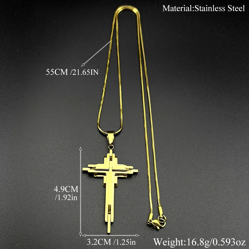 Men Women Gold Silver Color Hip Hop Crucifix Chain Amulet Stainless Steel Multi-layer Jesus Cross Pendant Necklace