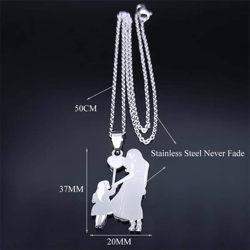 Mother Kids Stainless Steel Silver Color Mom Daughter Love Heart Necklace