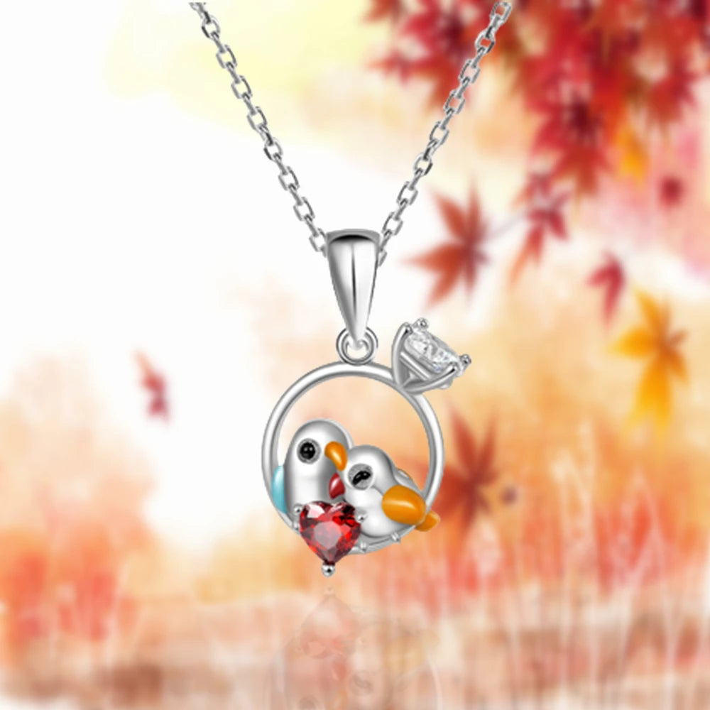 Women Fashion Cartoon Couple Bird Heart Shape Red Crystal Pendant Necklace Romantic Love Gifts