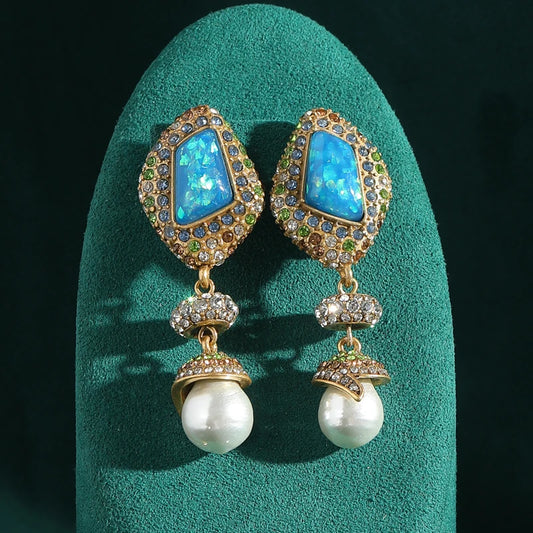 Vintage Shape Sea Blue Natural Stone Full Rhinestones Drop Pearl Gold Color Antique Wedding Bride Ring