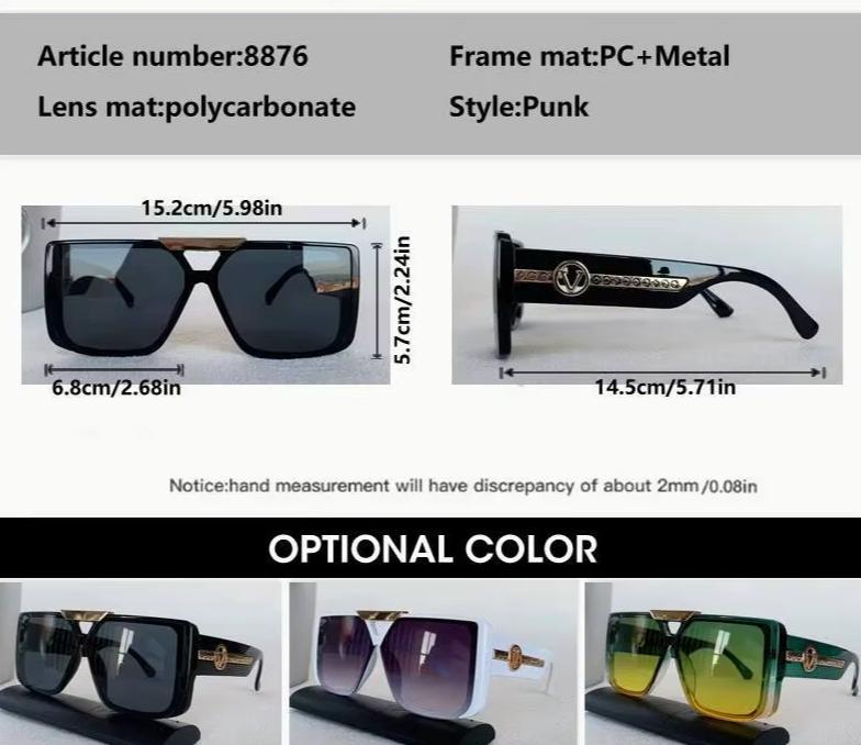 Men Women Punk Vintage Square Designer Letter V Driving UV400 Eyewear Sunglasses
