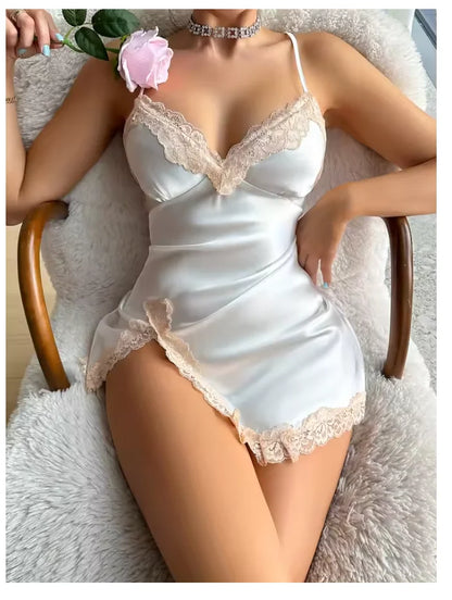 Leopard Satin Women Sleeveless Side Split Lace Sleepwear Nightgown Pajama Dress