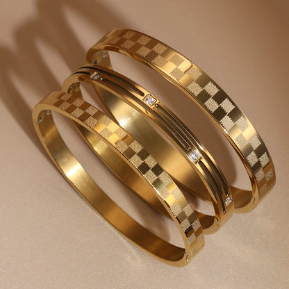 Luxury Polished Checkered Design Stainless Steel Crystal Wedding Party Bangle Bracelet