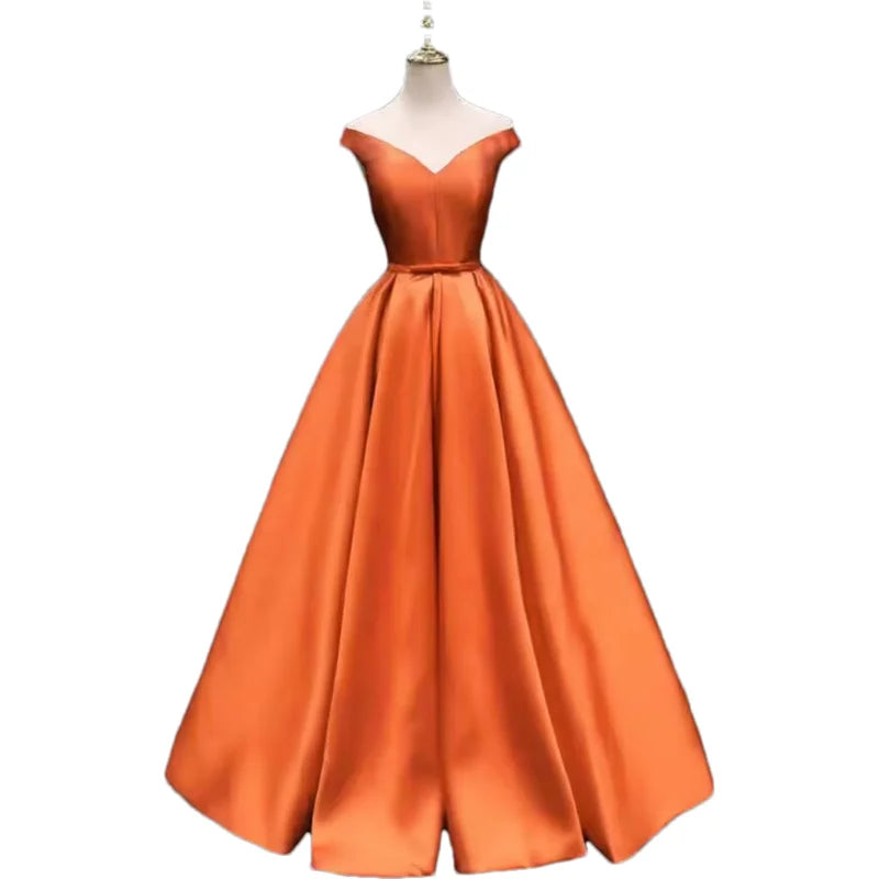 Off-Shoulder A-Line Satin Formal Women Prom Long Evening Party Gown Dress w/ Pockets