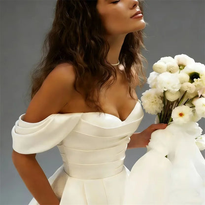 Romantic Off The Shoulder Simple Satin Wedding Pleat Sweep Train A Line Bridal Lace-up Dress Gown