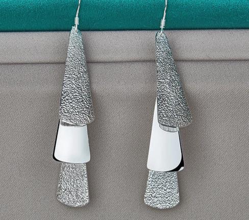 Women 925 Sterling Silver Frosted Long Geometric Charm Fashion Wedding Engagement Drop Earrings