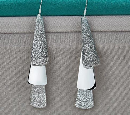 Women 925 Sterling Silver Frosted Long Geometric Charm Fashion Wedding Engagement Drop Earrings