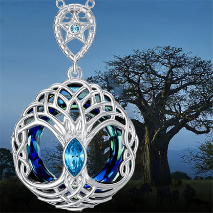 Women Luxury Sparkling Zircon Round Blue Crystal Tree of Life Pendant Necklace