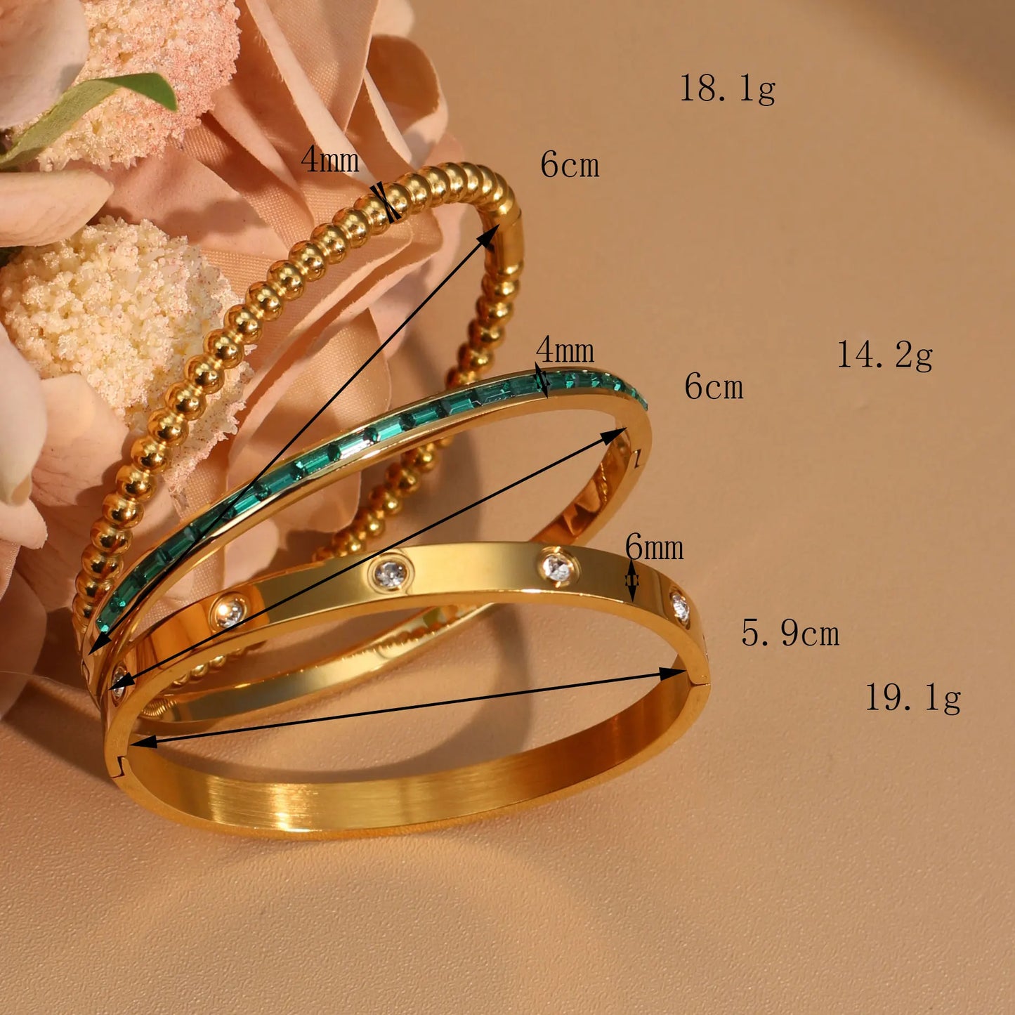 Women 18k Gold Plated Stainless Steel Green Zircon Bangles Bracelet Set Gift.