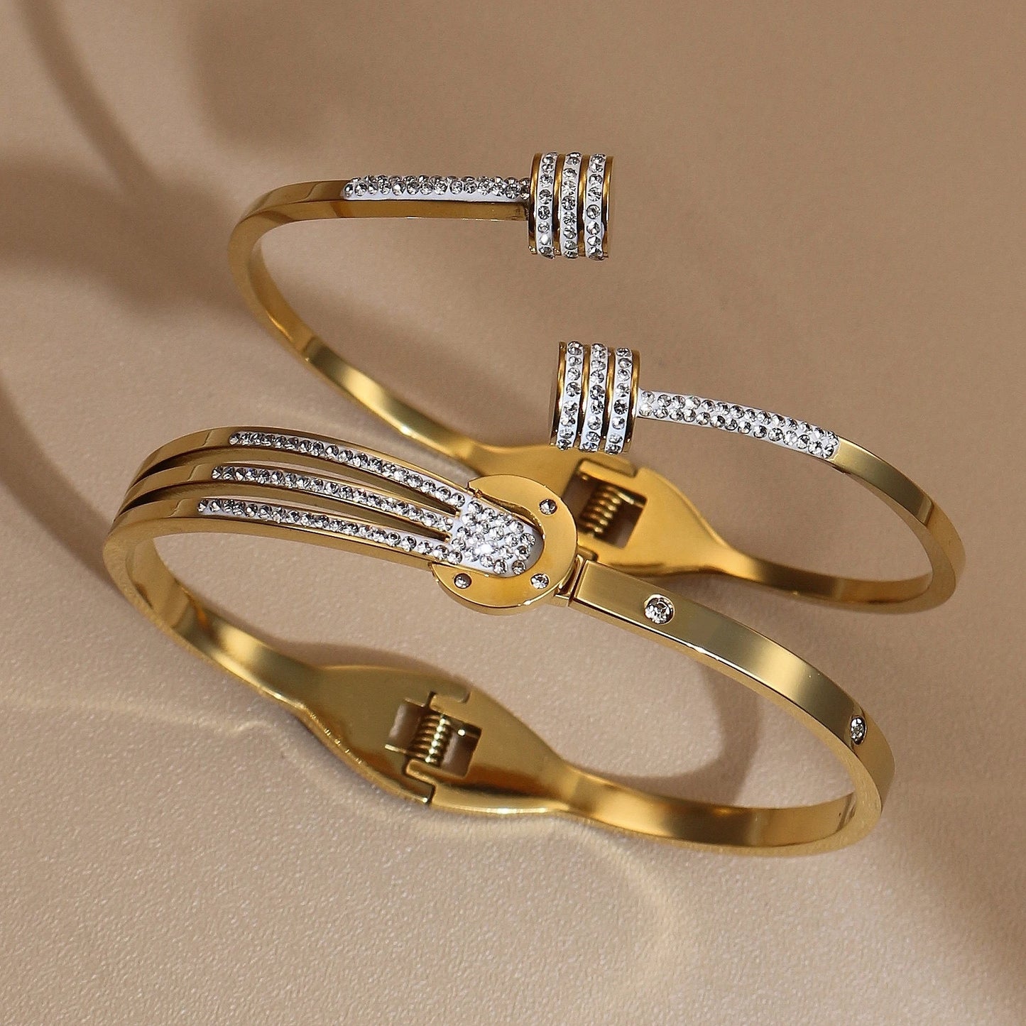 Women 18k Gold Plated Crystal Hollow Open Stainless Steel Bracelet