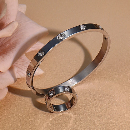 2-in-1 Women 18K Gold-Plated Stainless Steel Bracelet Ring Jewelry Set.